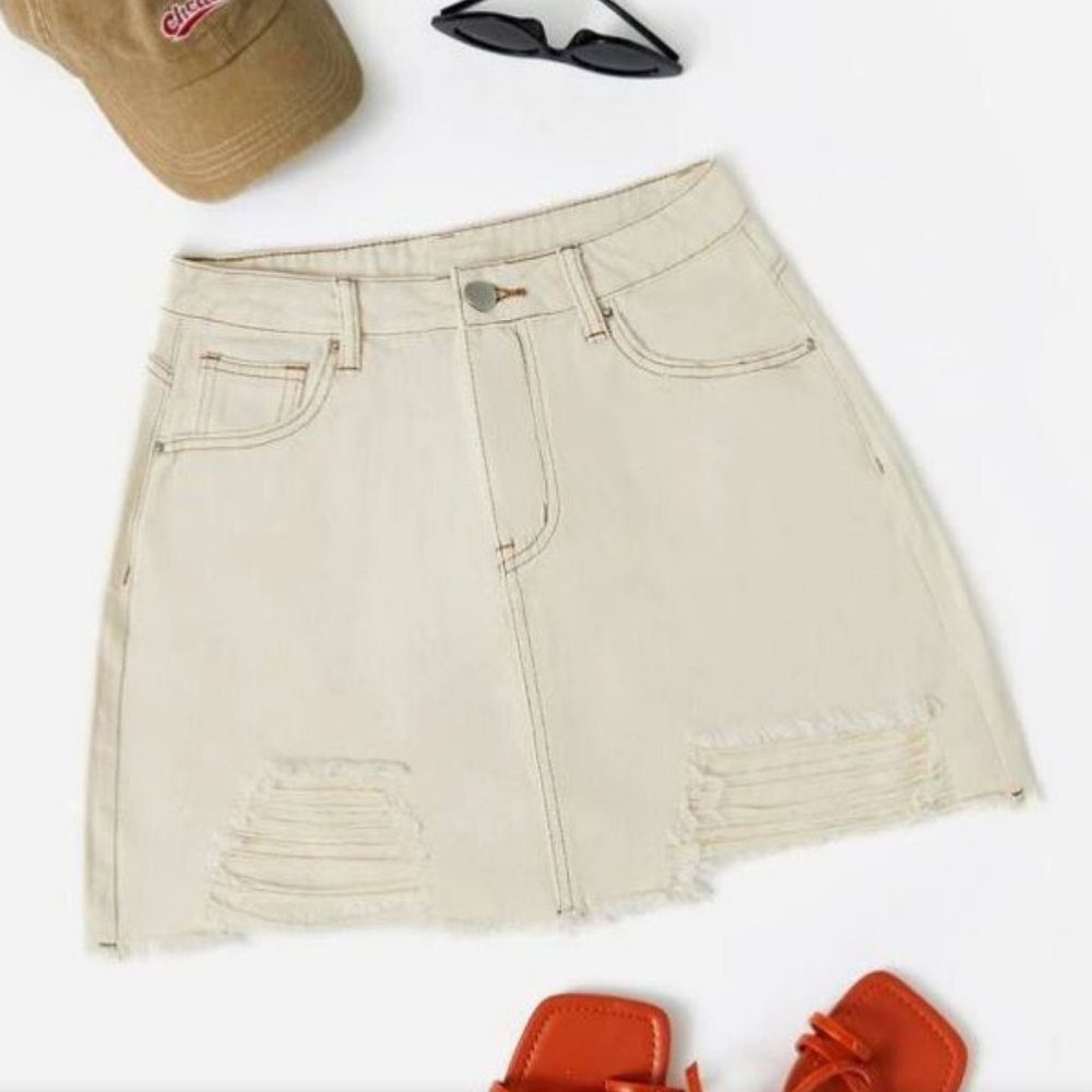 Distressed Button Fly Offwhite Denim Skirt Size XS